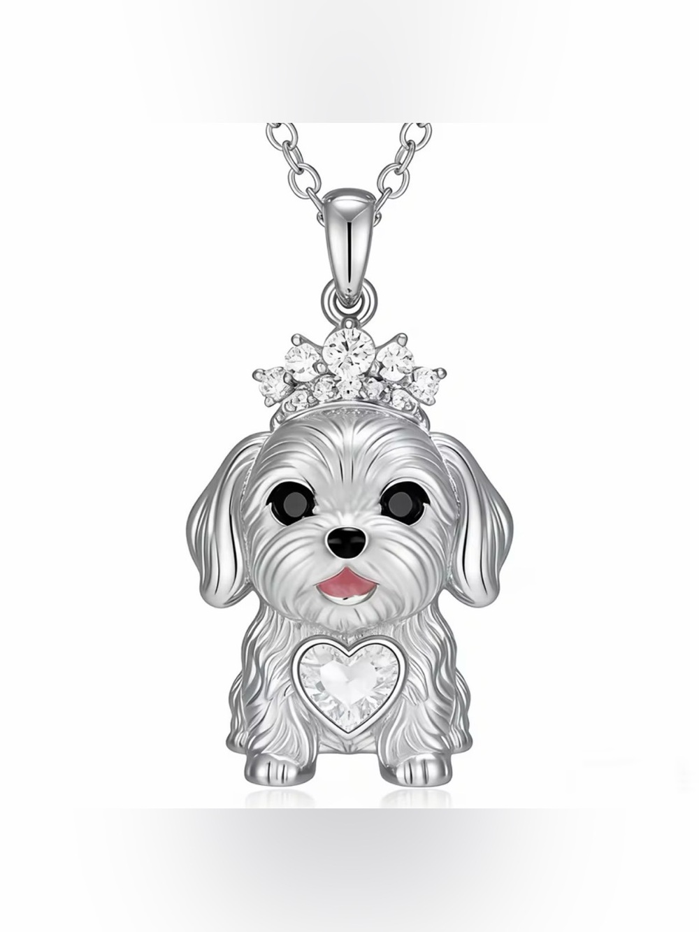 Maltese Puppy Dog Crystal Adorned Crown Heart SilverTone Finish Pendant Necklace